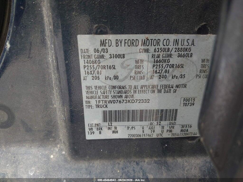 1FTRW07673KD72332 2003 FORD F-150 photo no. 9