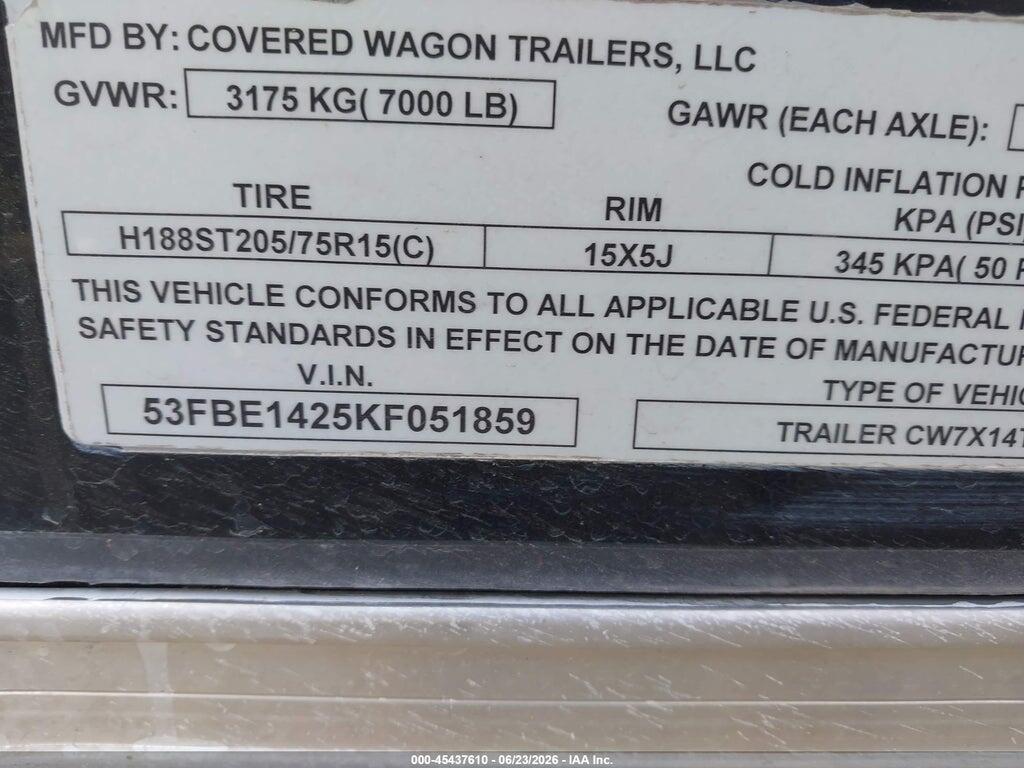 53FBE1425KF051859 2019 COVERED WAGON ENCLOSED TRAILER photo no. 9