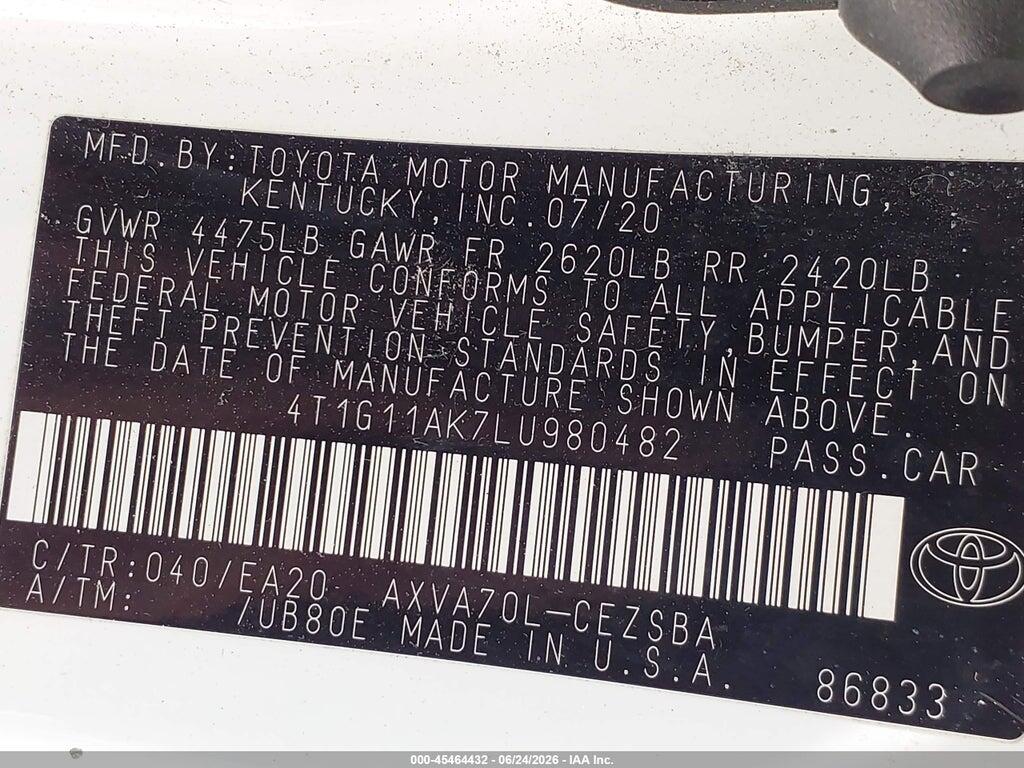 4T1G11AK7LU980482 2020 TOYOTA CAMRY photo no. 9