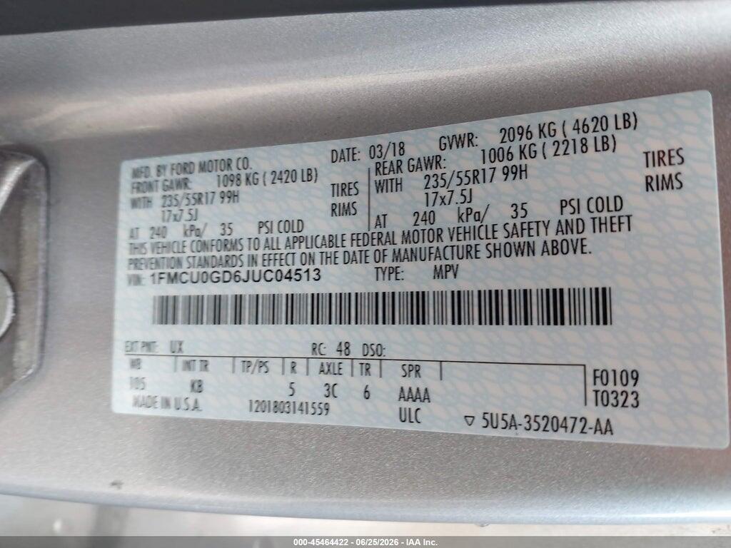 1FMCU0GD6JUC04513 2018 FORD ESCAPE photo no. 9
