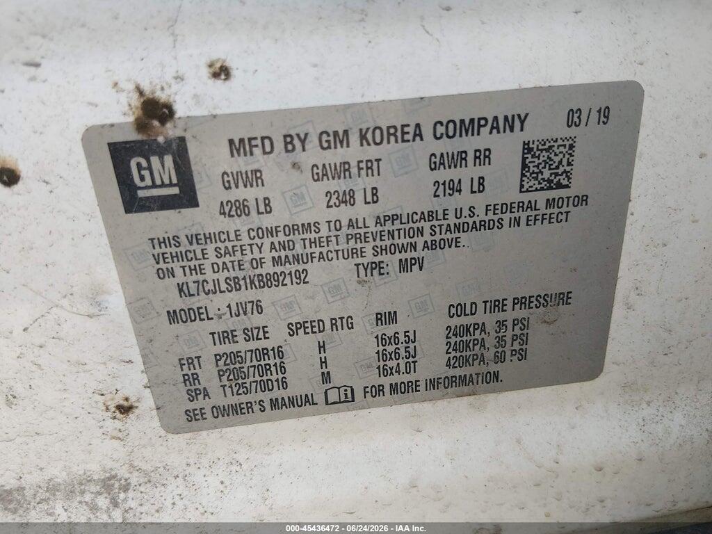 KL7CJLSB1KB892192 2019 CHEVROLET TRAX photo no. 9