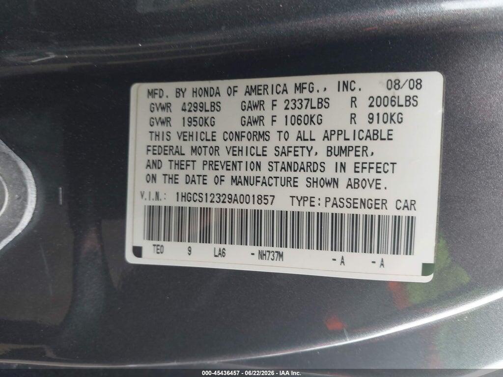 1HGCS12329A001857 2009 HONDA ACCORD photo no. 9
