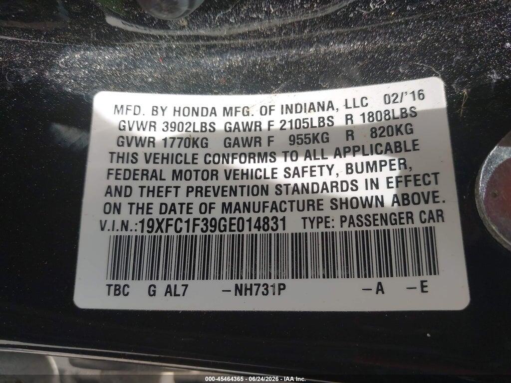 19XFC1F39GE014831 2016 HONDA CIVIC photo no. 9