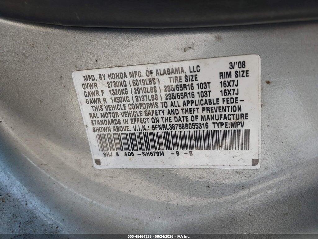 5FNRL38758B055316 2008 HONDA ODYSSEY photo no. 9
