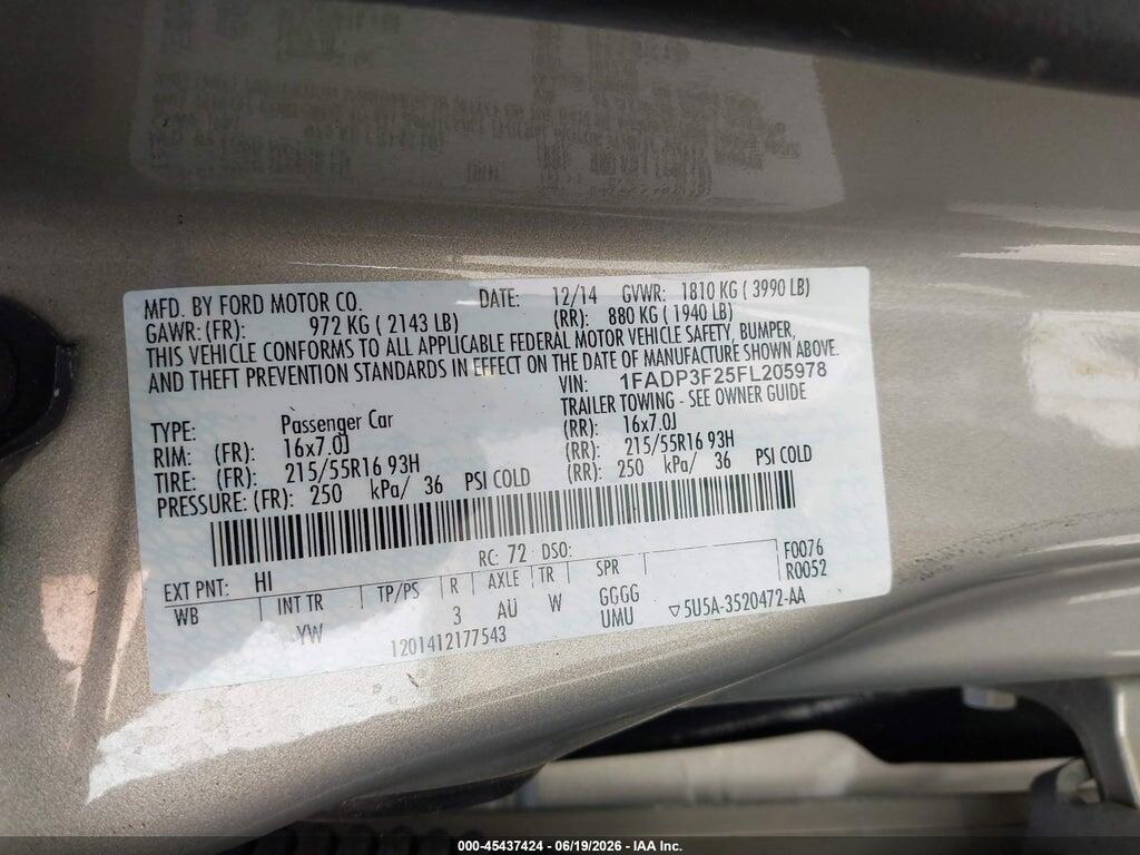 1FADP3F25FL205978 2015 FORD FOCUS photo no. 9
