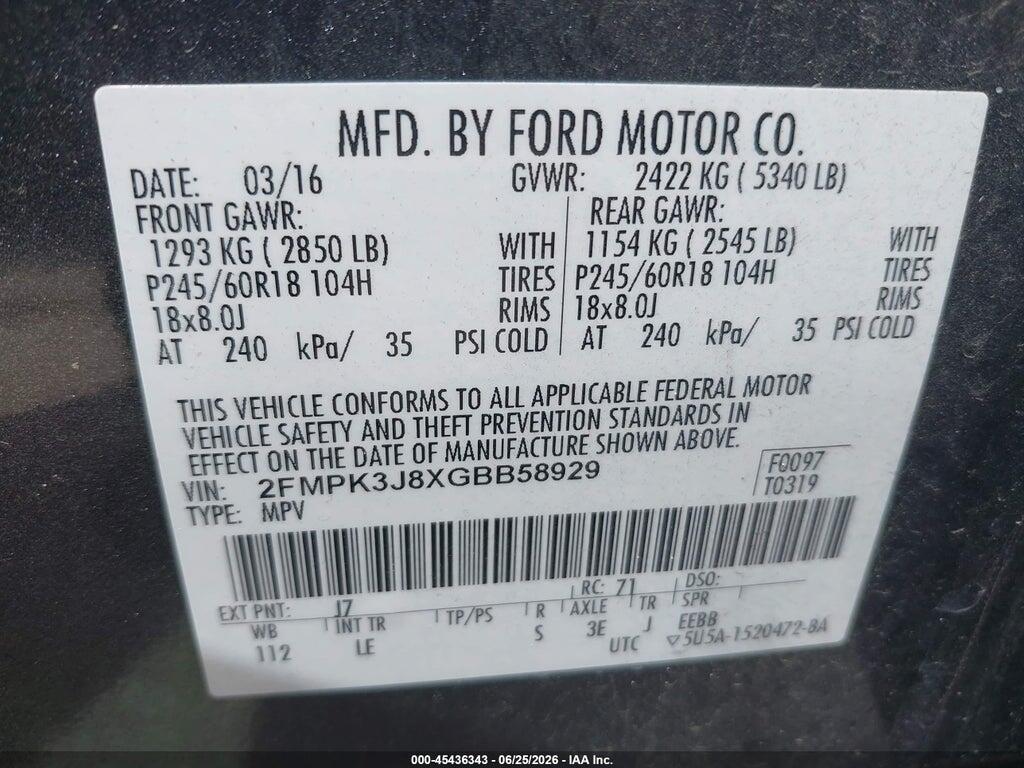 2FMPK3J8XGBB58929 2016 FORD EDGE photo no. 9