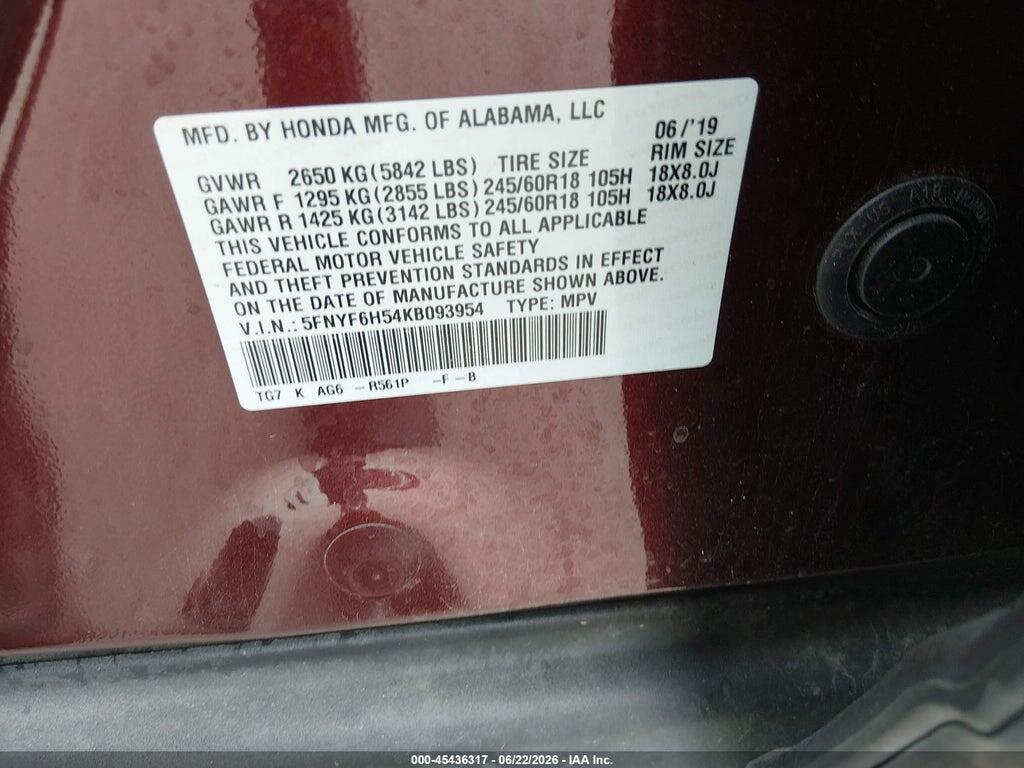 5FNYF6H54KB093954 2019 HONDA PILOT photo no. 9