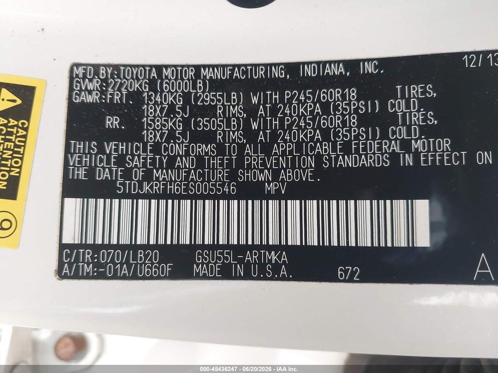 5TDJKRFH6ES005546 2014 TOYOTA HIGHLANDER photo no. 9