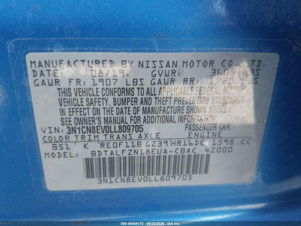 3N1CN8EV0LL809705 2020 NISSAN VERSA photo no. 9