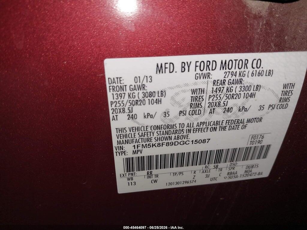 1FM5K8F89DGC15087 2013 FORD EXPLORER photo no. 9