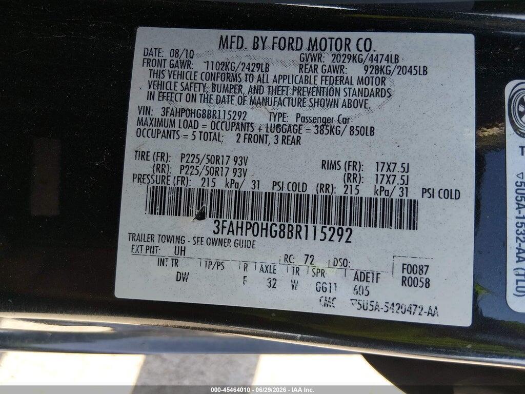 3FAHP0HG8BR115292 2011 FORD FUSION photo no. 9
