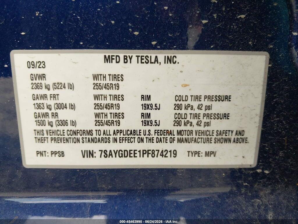 7SAYGDEE1PF874219 2023 TESLA MODEL Y photo no. 9