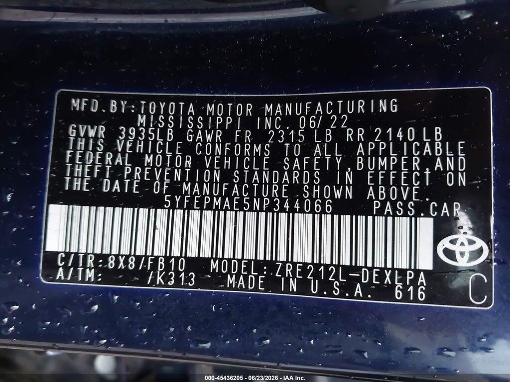 5YFEPMAE5NP344066 2022 TOYOTA COROLLA photo no. 9