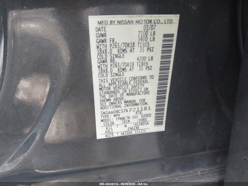 5N1AA08C57N721181 2007 NISSAN ARMADA photo no. 9