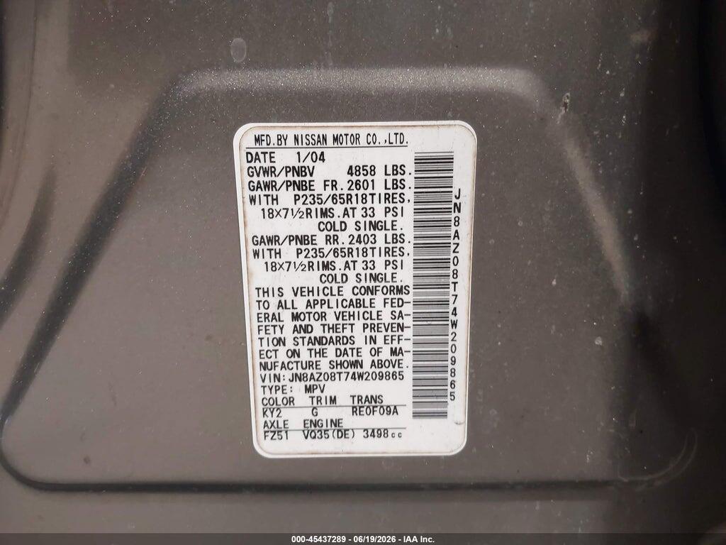 JN8AZ08T74W209865 2004 NISSAN MURANO photo no. 9