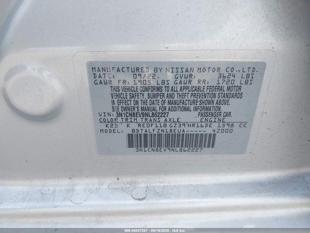 3N1CN8EV9NL862227 2022 NISSAN VERSA photo no. 9