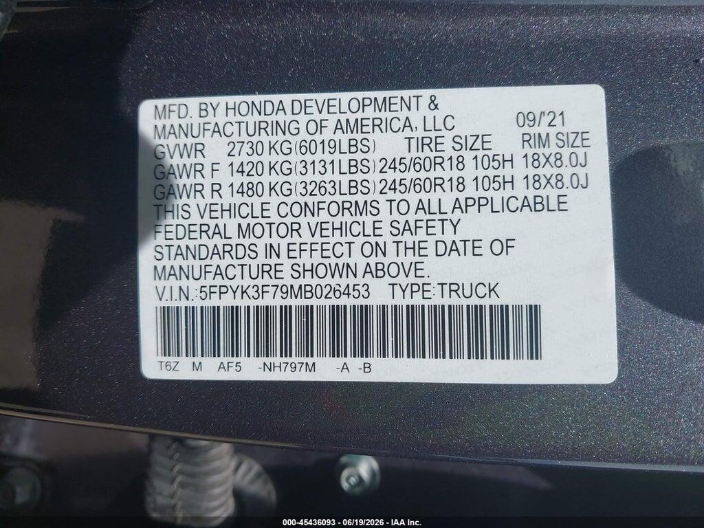 5FPYK3F79MB026453 2021 HONDA RIDGELINE photo no. 9