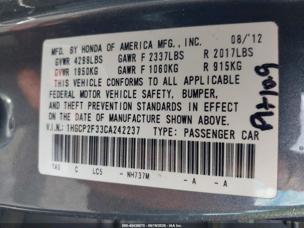 1HGCP2F33CA242237 2012 HONDA ACCORD photo no. 9