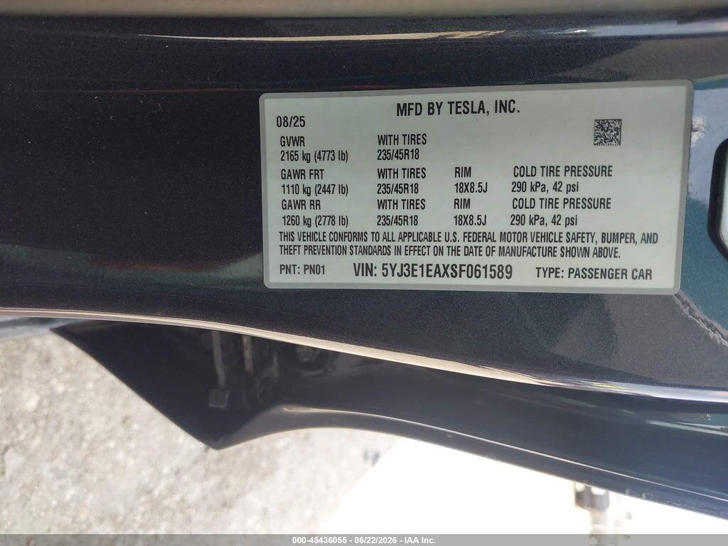 5YJ3E1EAXSF061589 2025 TESLA MODEL 3 photo no. 9