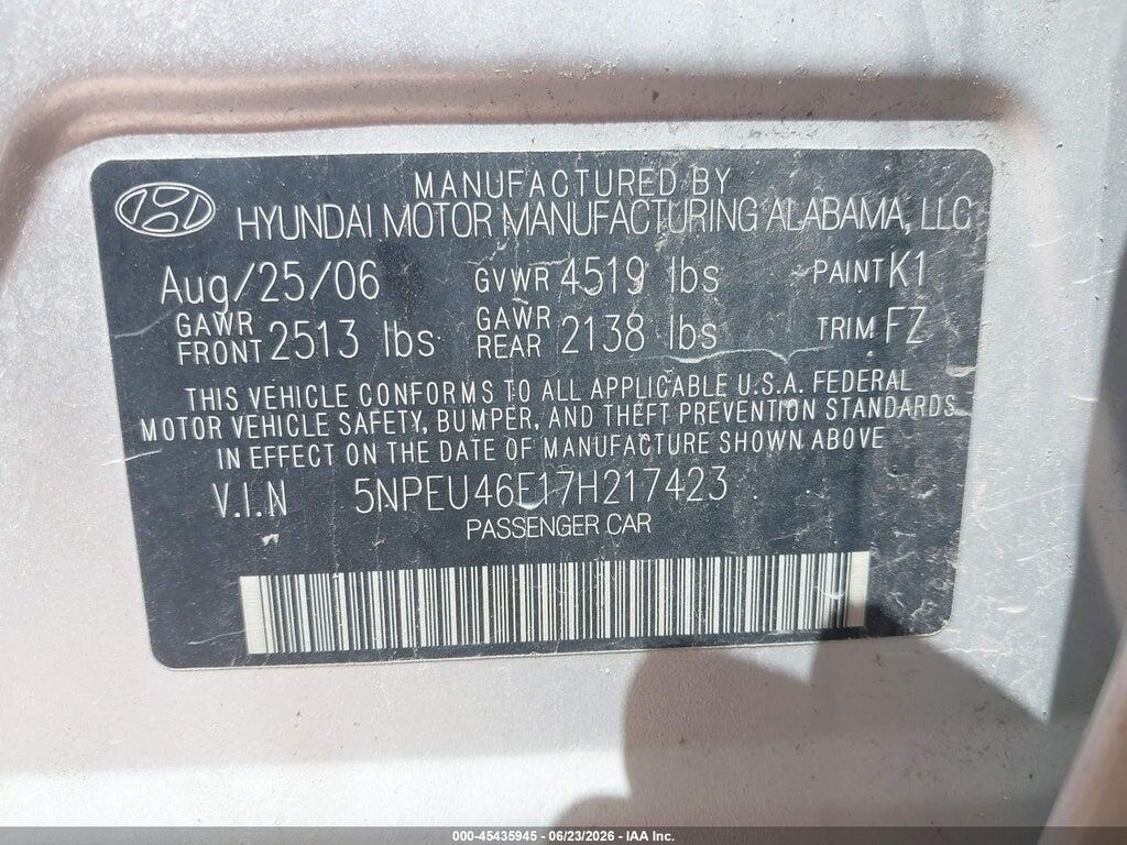 5NPEU46F17H217423 2007 HYUNDAI SONATA photo no. 9