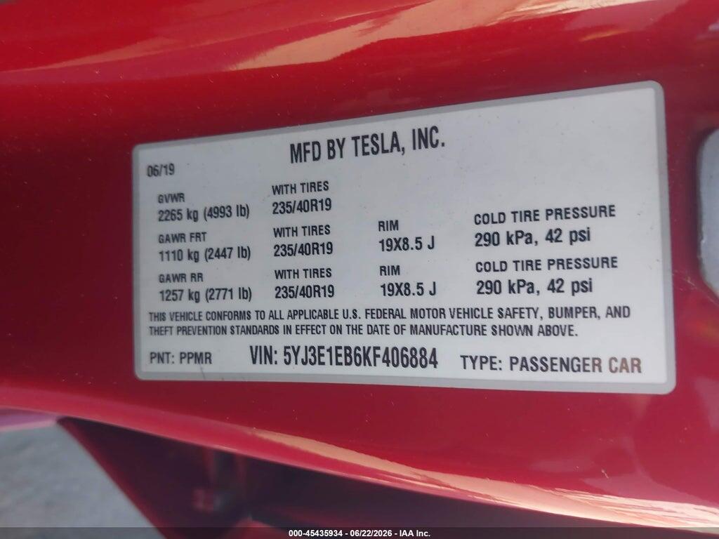 5YJ3E1EB6KF406884 2019 TESLA MODEL 3 photo no. 9