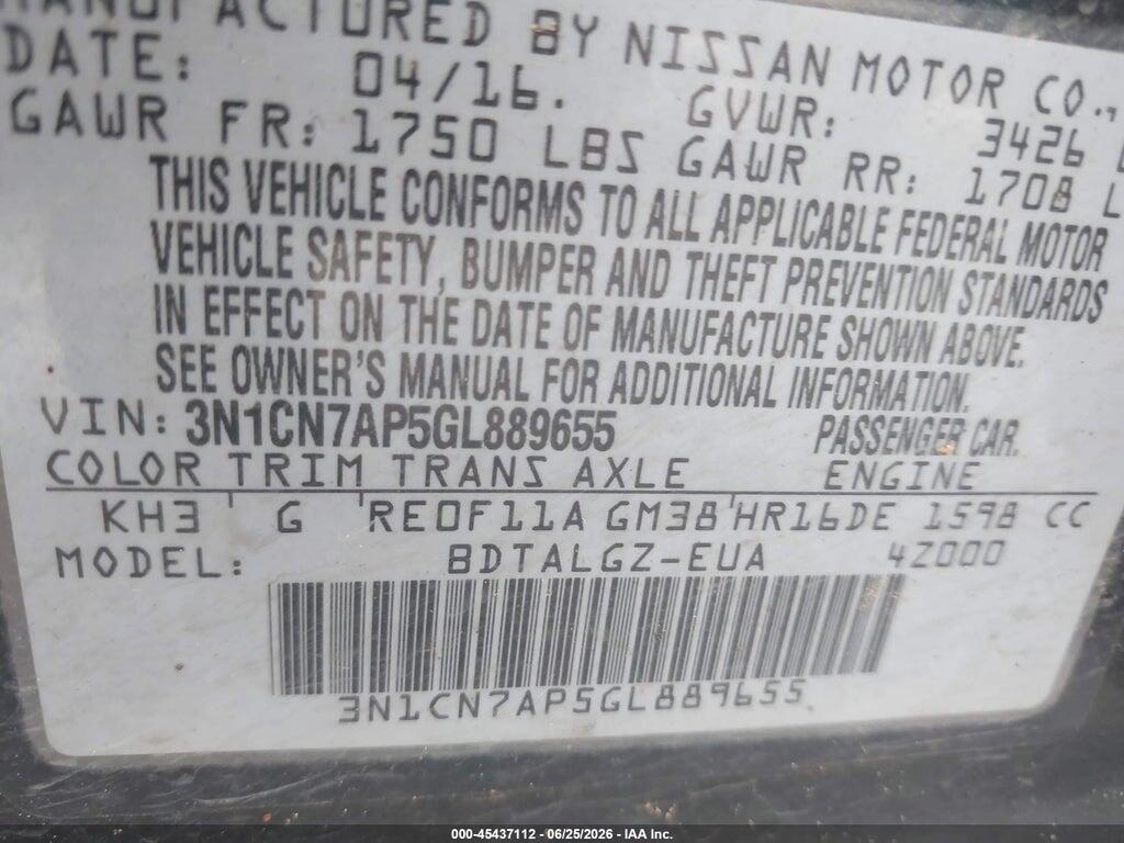 3N1CN7AP5GL889655 2016 NISSAN VERSA photo no. 9