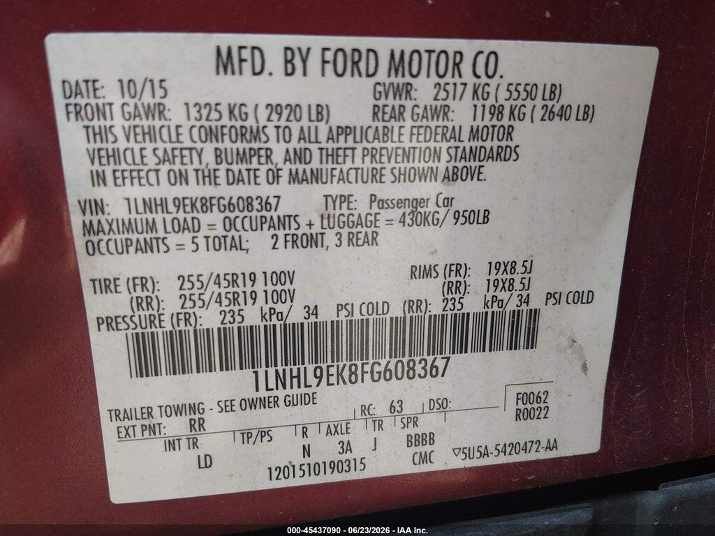 1LNHL9EK8FG608367 2015 LINCOLN MKS photo no. 9