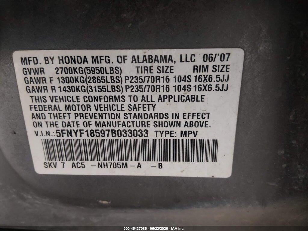 5FNYF18597B033033 2007 HONDA PILOT photo no. 9