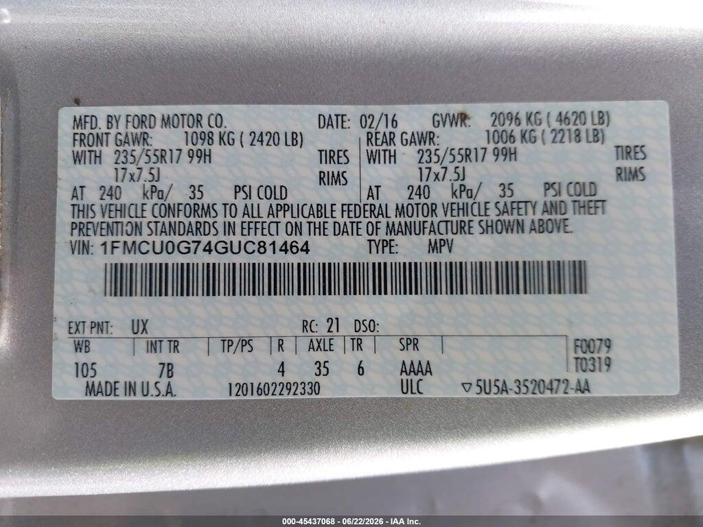 1FMCU0G74GUC81464 2016 FORD ESCAPE photo no. 9