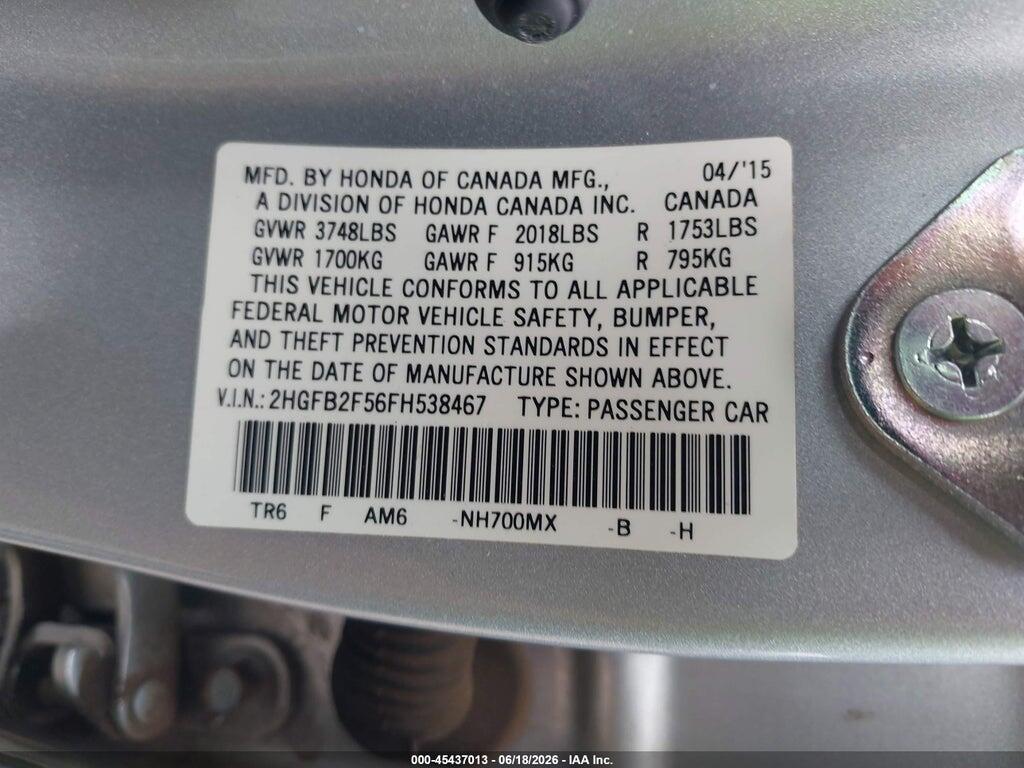 2HGFB2F56FH538467 2015 HONDA CIVIC photo no. 9