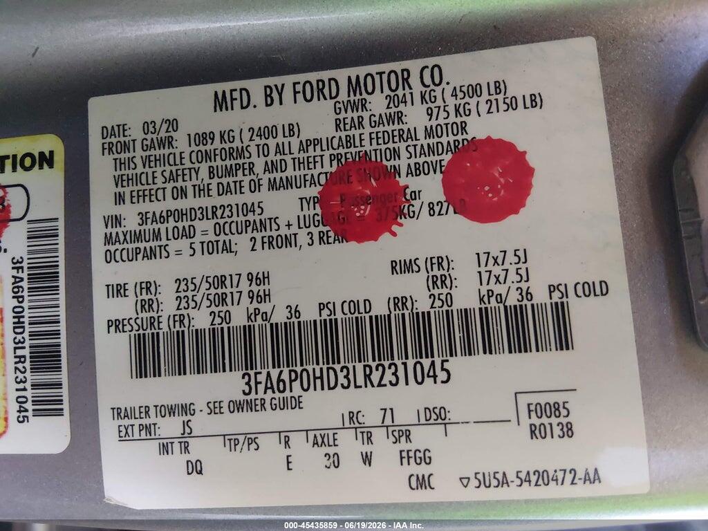 3FA6P0HD3LR231045 2020 FORD FUSION photo no. 9