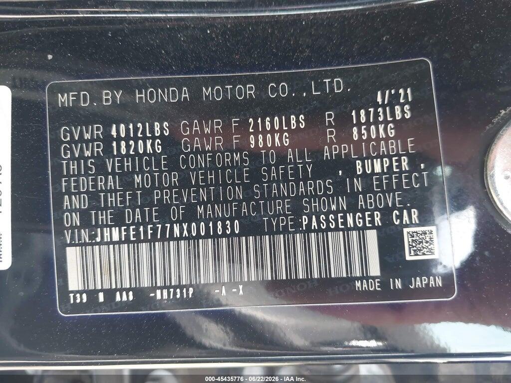 JHMFE1F77NX001830 2022 HONDA CIVIC photo no. 9
