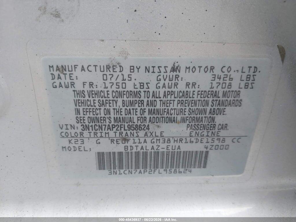3N1CN7AP2FL958624 2015 NISSAN VERSA photo no. 9