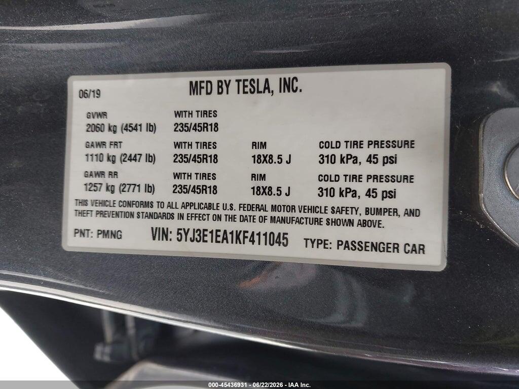 5YJ3E1EA1KF411045 2019 TESLA MODEL 3 photo no. 9