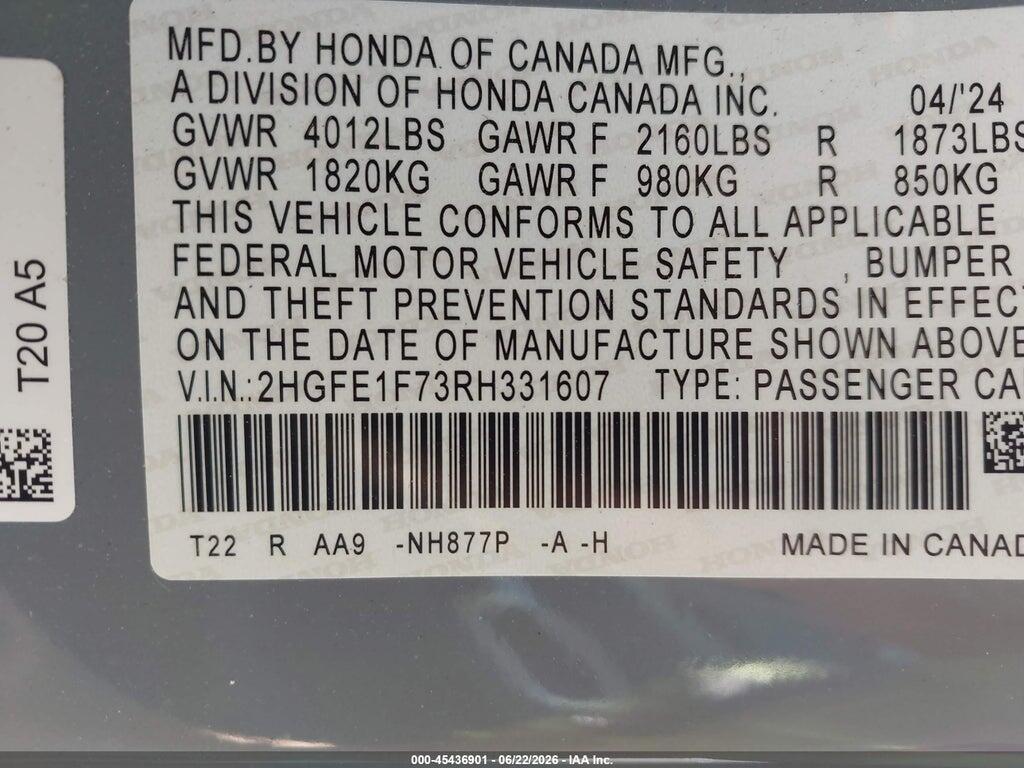 2HGFE1F73RH331607 2024 HONDA CIVIC photo no. 9