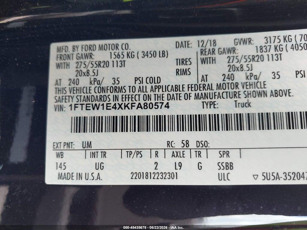 1FTEW1E4XKFA80574 2019 FORD F-150 photo no. 9