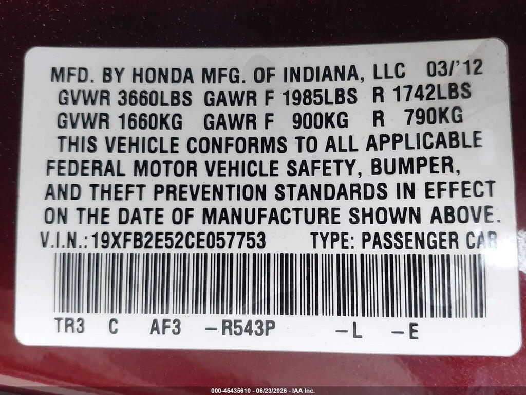 19XFB2E52CE057753 2012 HONDA CIVIC photo no. 9