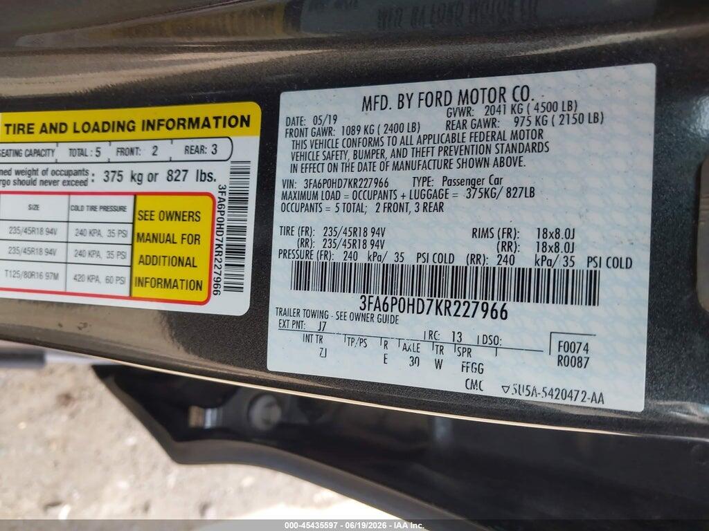 3FA6P0HD7KR227966 2019 FORD FUSION photo no. 9