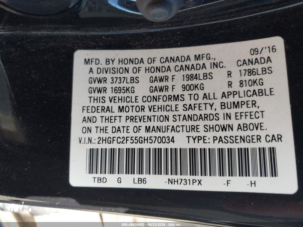2HGFC2F55GH570034 2016 HONDA CIVIC photo no. 9