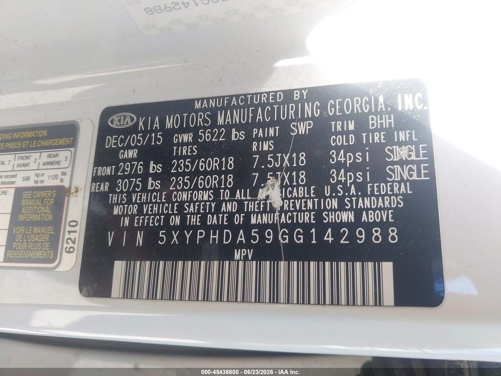 5XYPHDA59GG142988 2016 KIA SORENTO photo no. 9