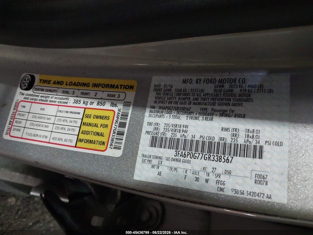 3FA6P0G77GR338567 2016 FORD FUSION photo no. 9