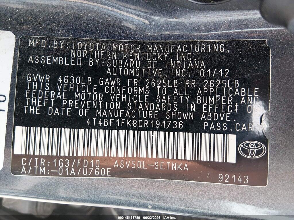 4T4BF1FK8CR191736 2012 TOYOTA CAMRY photo no. 9