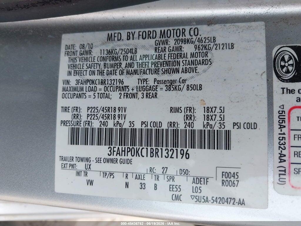3FAHP0KC1BR132196 2011 FORD FUSION photo no. 9