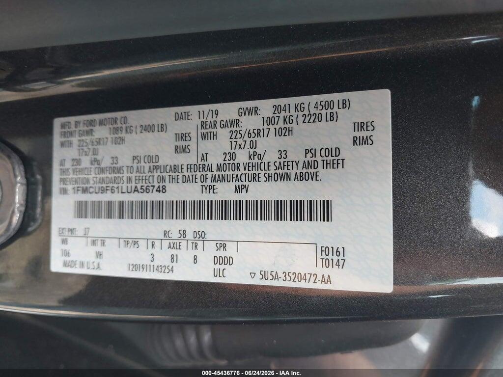 1FMCU9F61LUA56748 2020 FORD ESCAPE photo no. 9