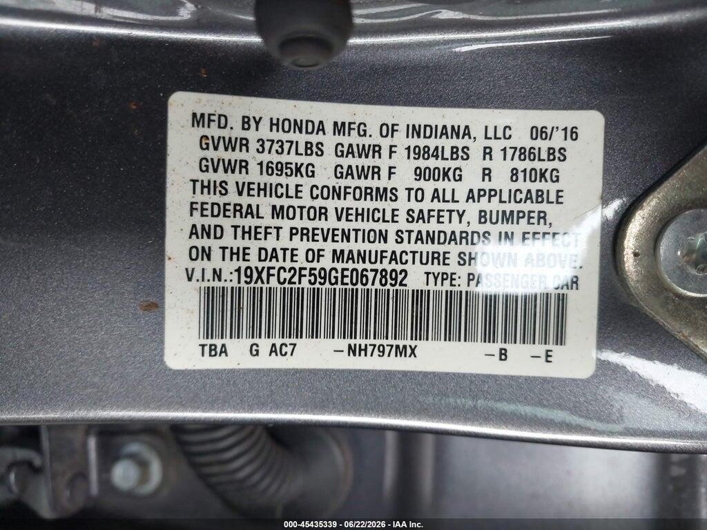 19XFC2F59GE067892 2016 HONDA CIVIC photo no. 9