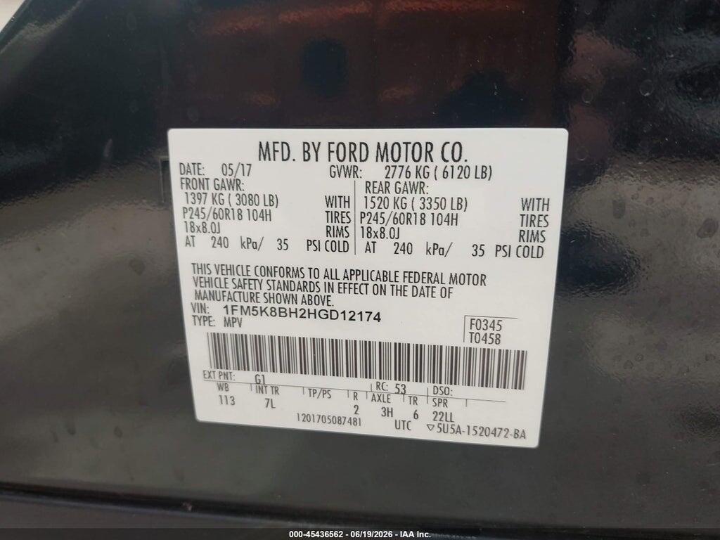 1FM5K8BH2HGD12174 2017 FORD EXPLORER photo no. 9
