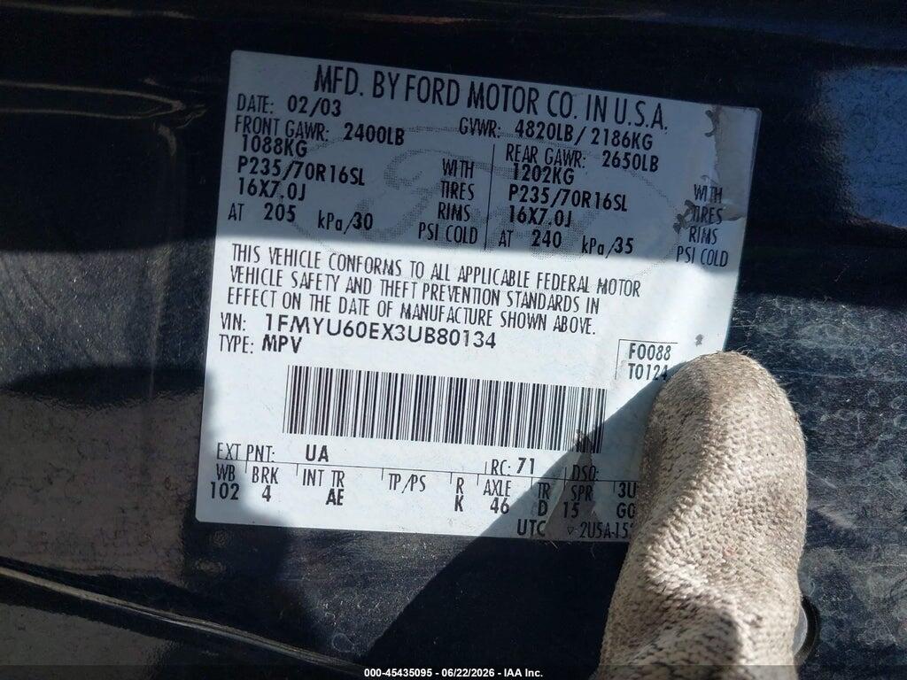 1FMYU60EX3UB80134 2003 FORD EXPLORER photo no. 9