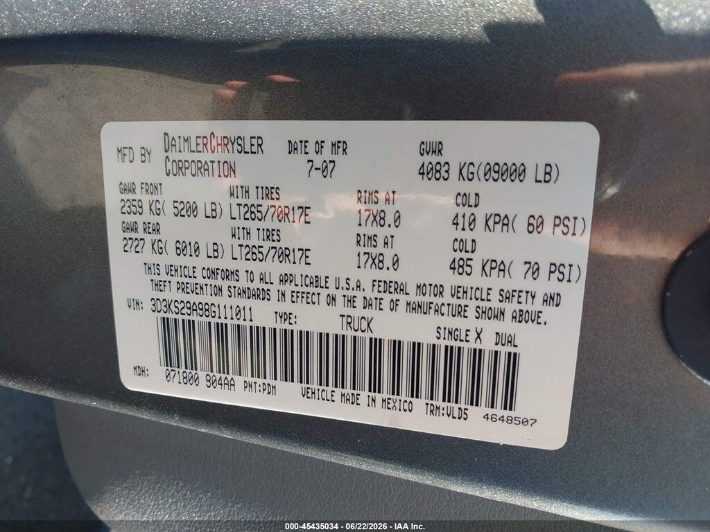 3D3KS29A98G111011 2008 DODGE RAM 2500 photo no. 9