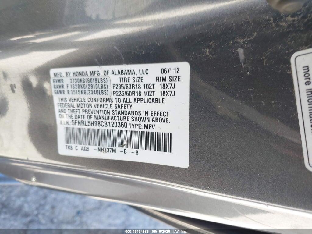 5FNRL5H98CB120360 2012 HONDA ODYSSEY photo no. 9