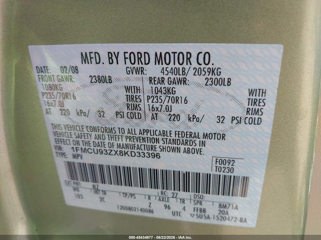 1FMCU93ZX8KD33396 2008 FORD ESCAPE photo no. 9